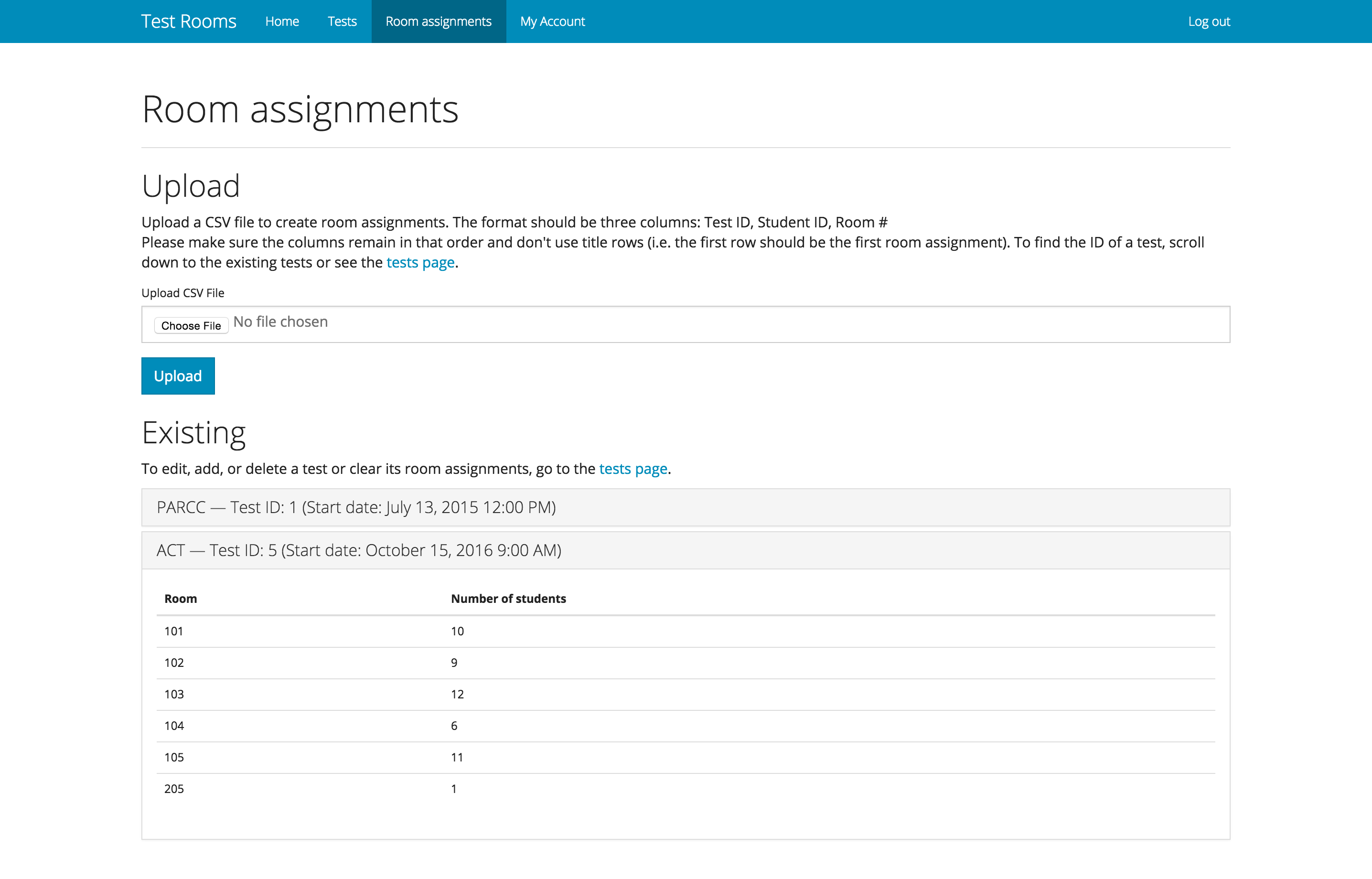Webpage showing a list of all tests in tabs. One tab is open and shows a list of rooms assigned to that test.