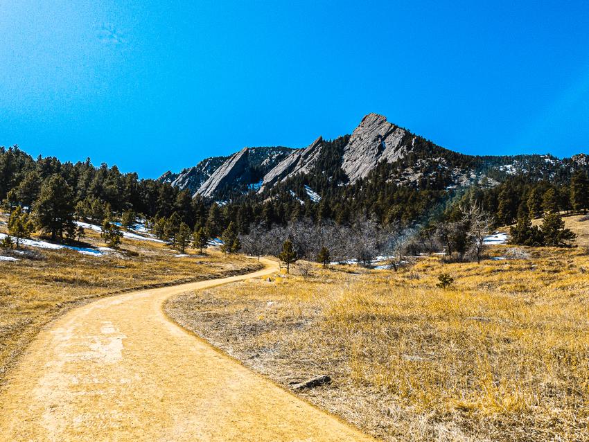 View of the Flatirons from the beginning of the Flatirons trail