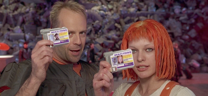 The bank teller didn’t consider a multi pass to be a valid form of ID The two main characters from The Fifth Element, showing their ID's