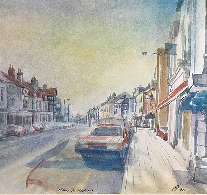 watercolour painting of the view up Sandgate High St