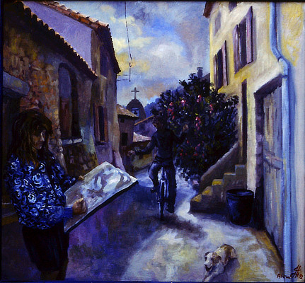 blue painting of narrow street with figure sketching a dog and a cyclist