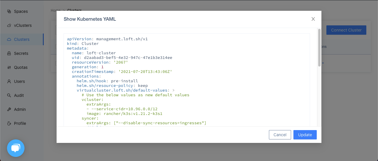 vCluster Set Default Values