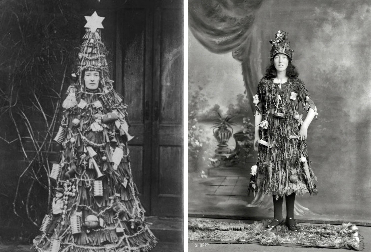  black and white photos of a mand and a woman dressed as christmas trees