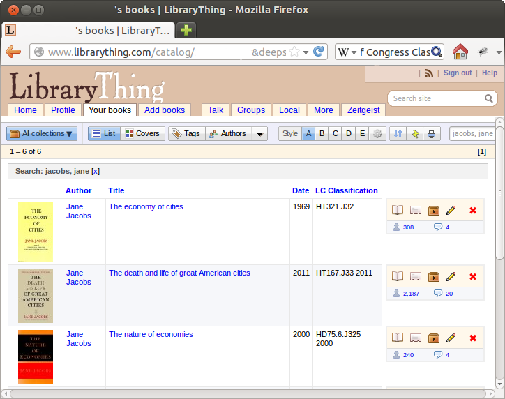 A search of my personal library catalog, showing several results