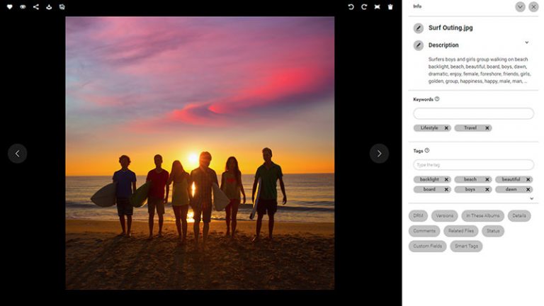 Screenshot of the detailed view of an asset in the Canto DAM; it shows the picture of surfers with their boards at a beach at sunset, and the image title, description as well as keywords and tags to the right.