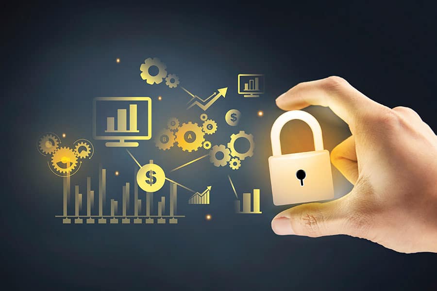 Person holding lock amidst cloud of web design icons in San Marcos TX