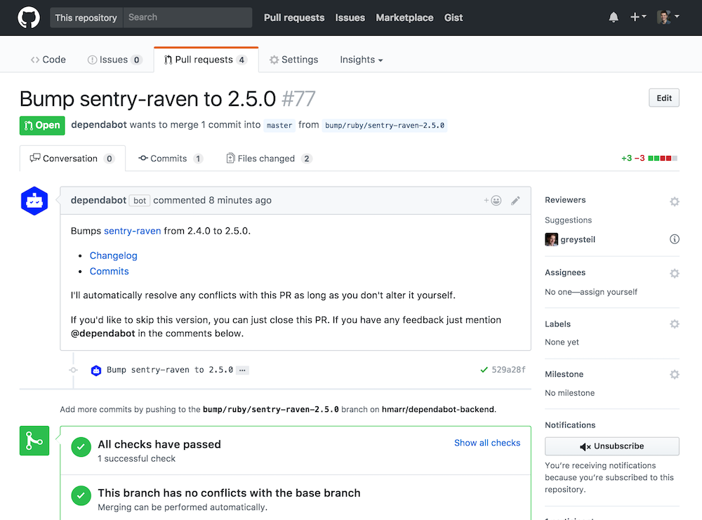 Screenshot of a Dependabot pull request