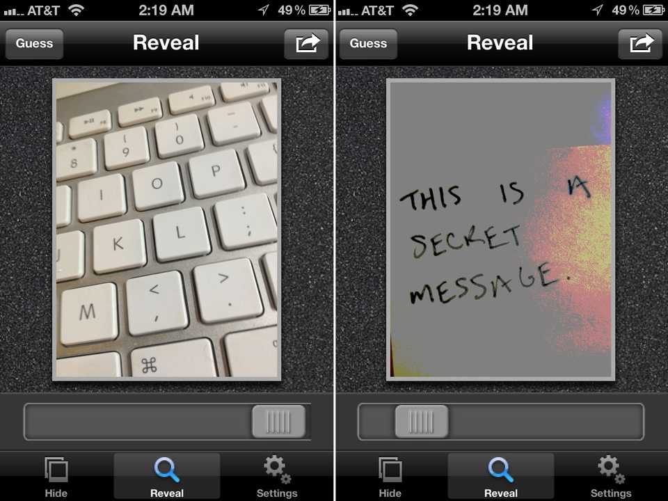 Figure 2: Screenshots of Spy Pix demonstrating the embedding of a secret message into a cover image of a keyboard.