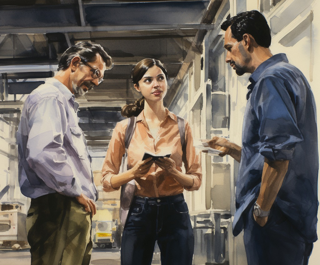 A watercolor of a woman and two men standing talking on a manufacturing floor