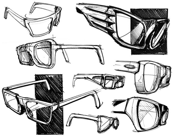 A black and white drawing of eyeglasses, sketched like a designer would: all shapes and sizes