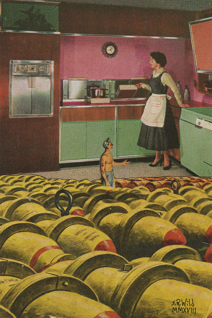 A small man surrounded by bombs looking up at a woman standing in the kitchen. Both look like they are from the 50s