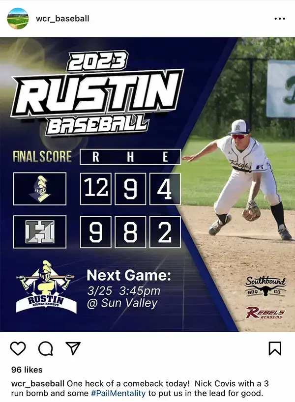 Instagram post from wcr_baseball showing graphic promoting Rustin Golden Knights baseball. Has 96 likes.