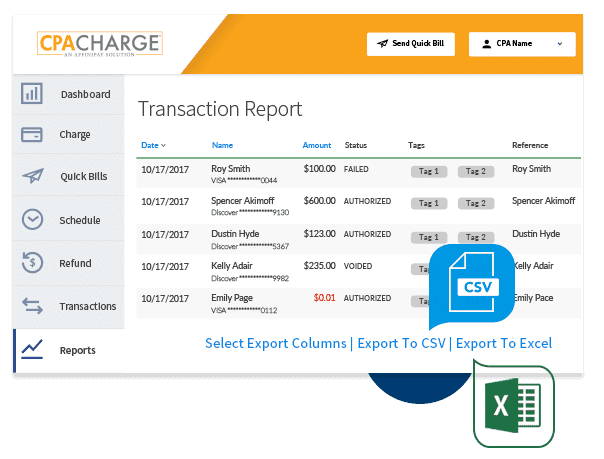 CPACharge transaction report dashboard