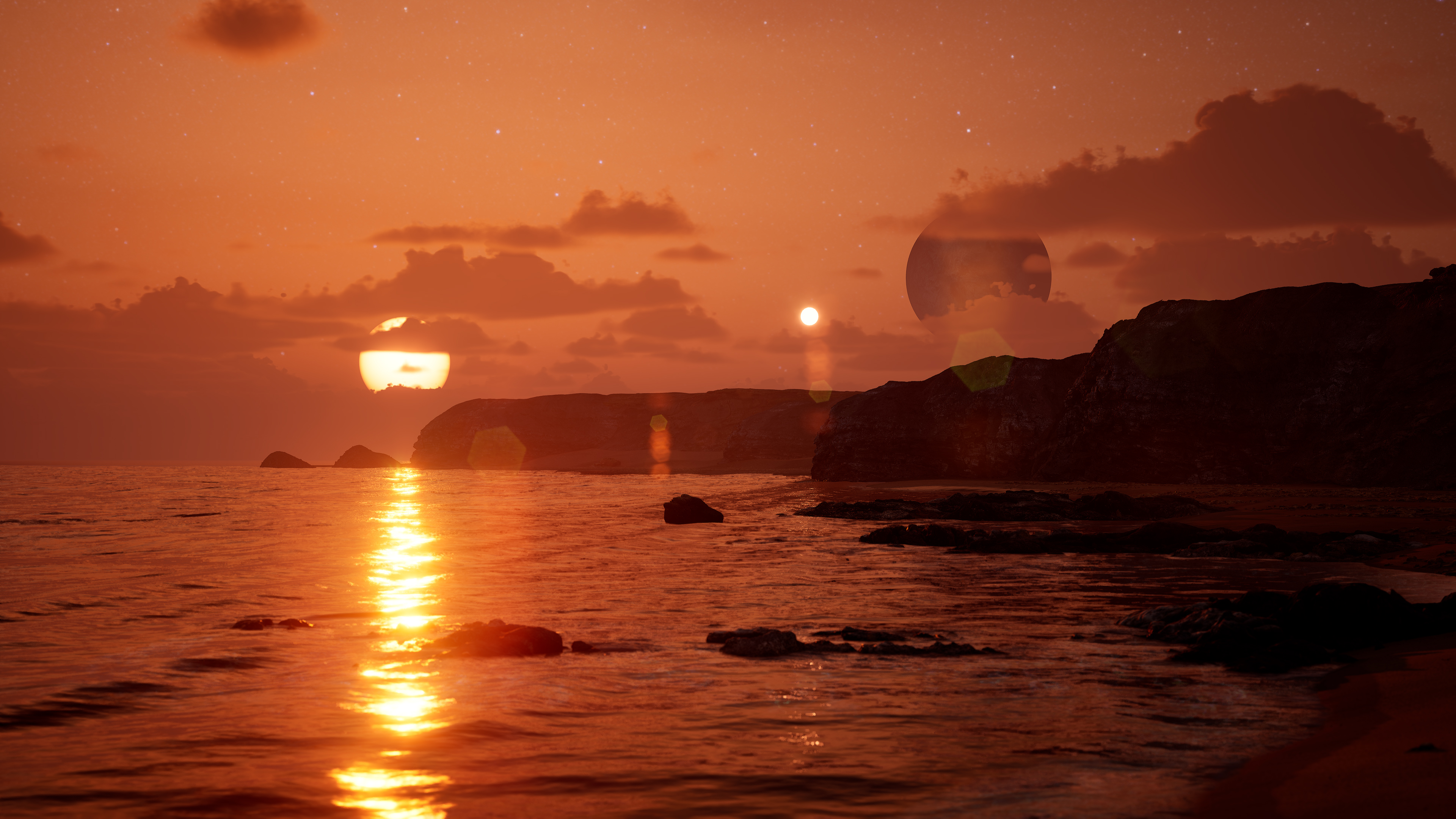 A detailed look at the exoplanet beach landscape animation featuring the binary star sunset and expansive ocean.