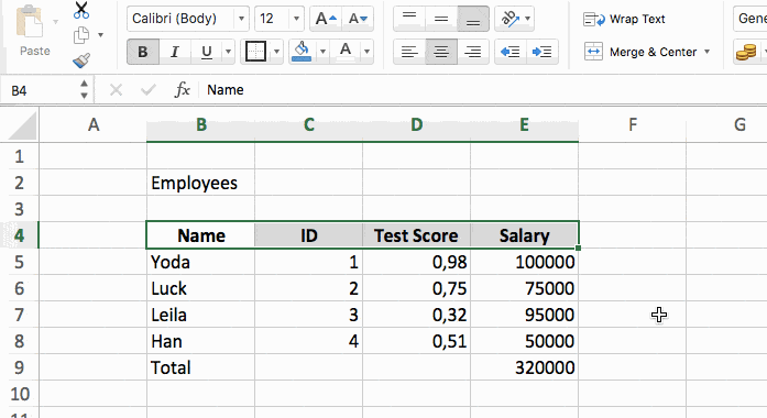 a excel table with a formatted header