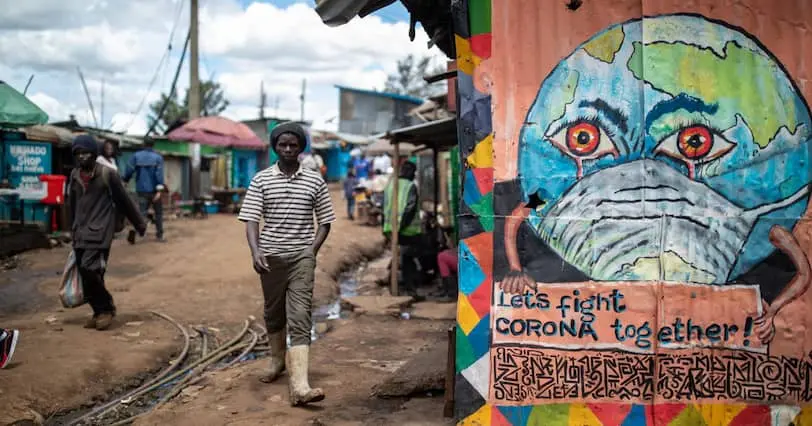General View of the centre of Kibera slum area in Nairobi inclulding art from Art 360 artist collective. 