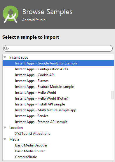 android studio import code sample options