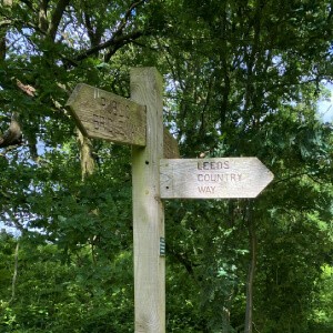 Wooden sign at Meanwood Park directing to Meanwood Valley trail