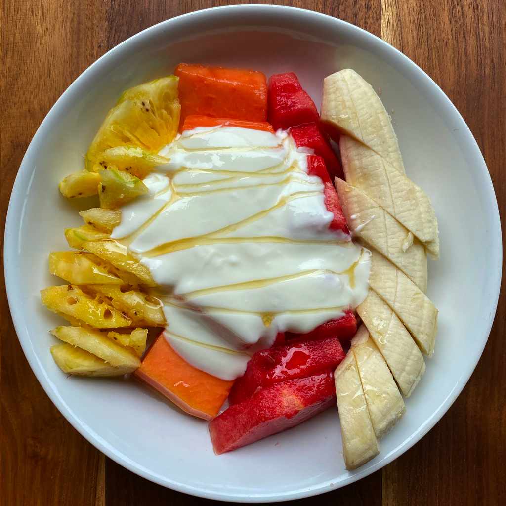 breakfast: fruit salad yogurt honey 