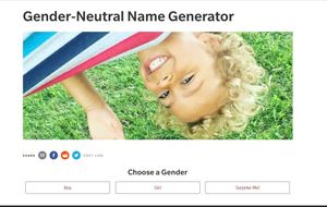 A screenshot of an online &quot;gender-neutral name generator&quot;. Below a stock photo of a smiling androgynous person are the text &quot;Choose a Gender&quot; and three buttons: &quot;Boy&quot;, &quot;Girl&quot;, and &quot;Surprise Me!&quot;
