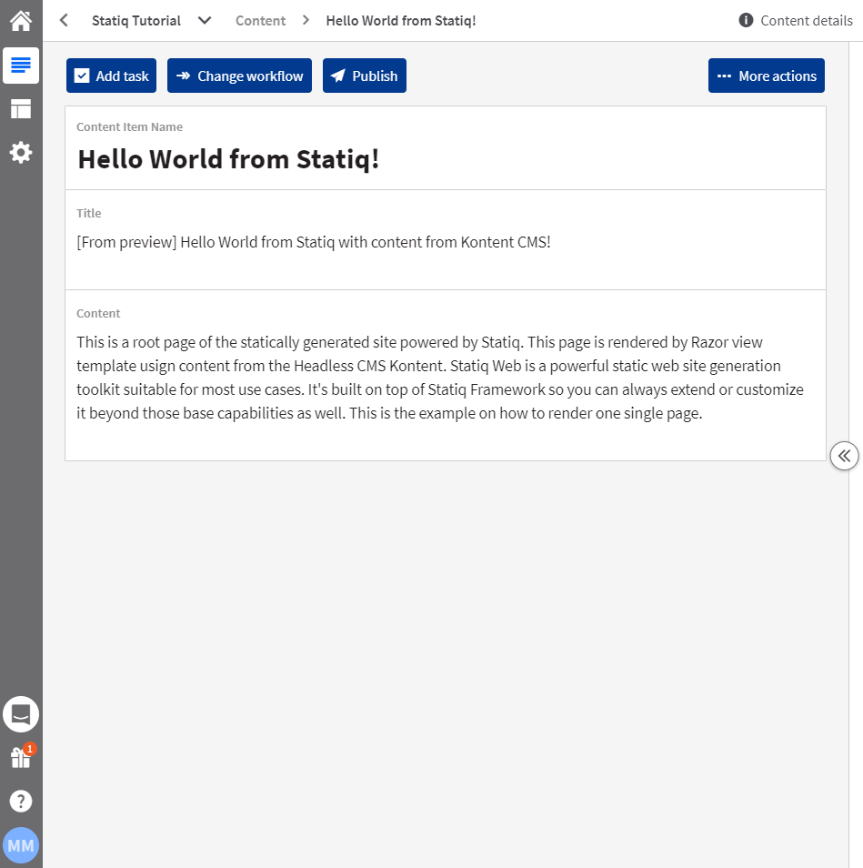 create content item hello world from statiq web ssg