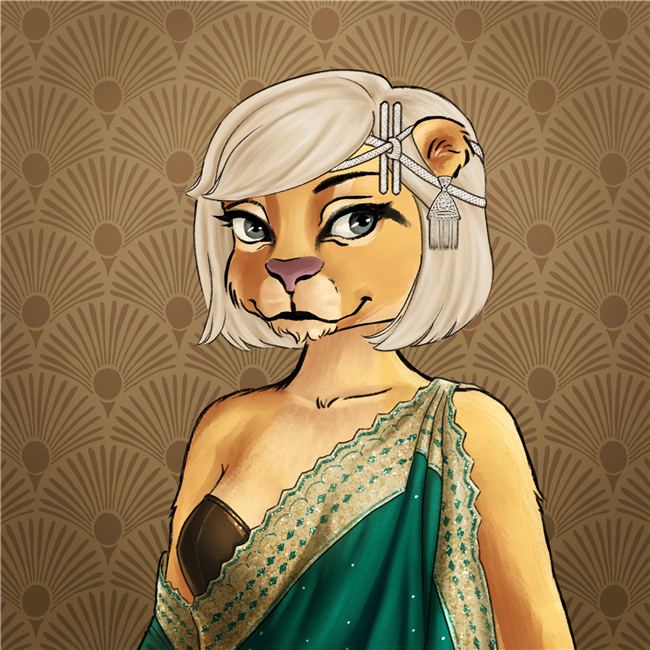An NFT image of a female cougar with tawny fur, blonde bob hairstyle, and ceremonial imishanana outfit and jeweled headpiece.