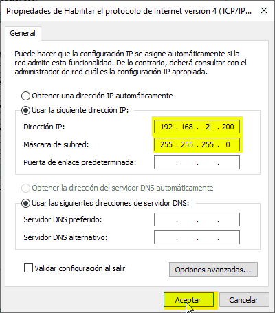 Configuramos la dirección IP