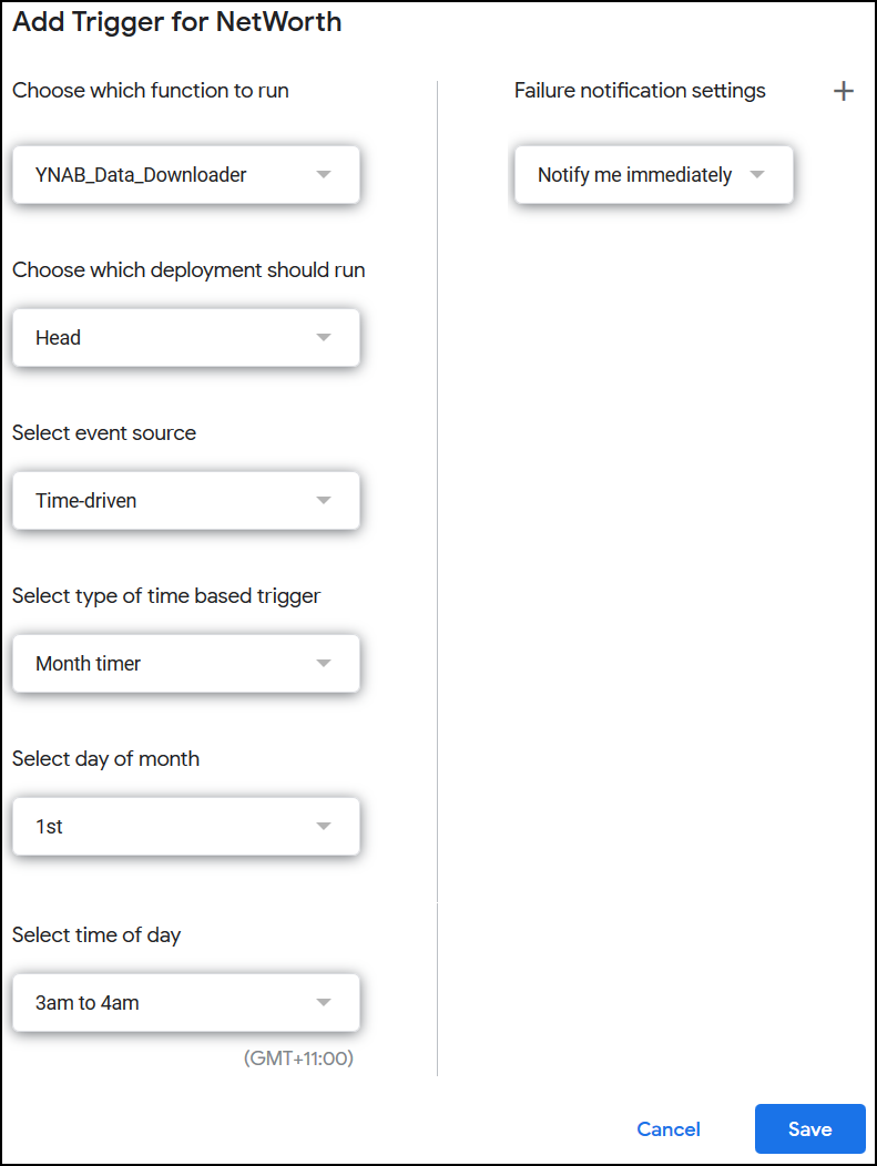 Select YNAB_Data_Downloader, Head, Time-driven, Month timer, 1st, 3am to 4am, Notify me immediately, Save