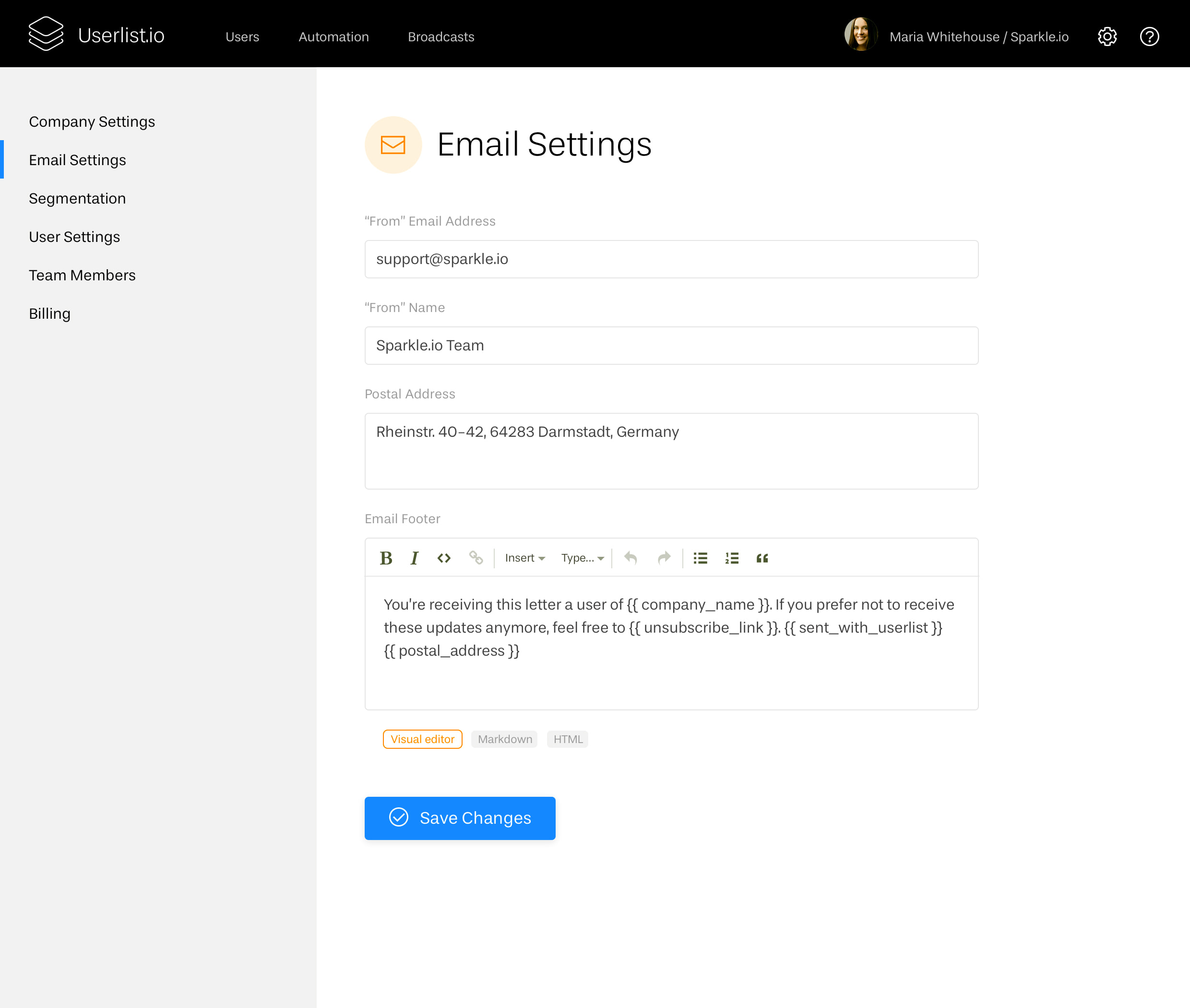 The Chicken or the Egg? Explaining Our Early Product Design Decisions: Screenshot of the email settings at Userlist