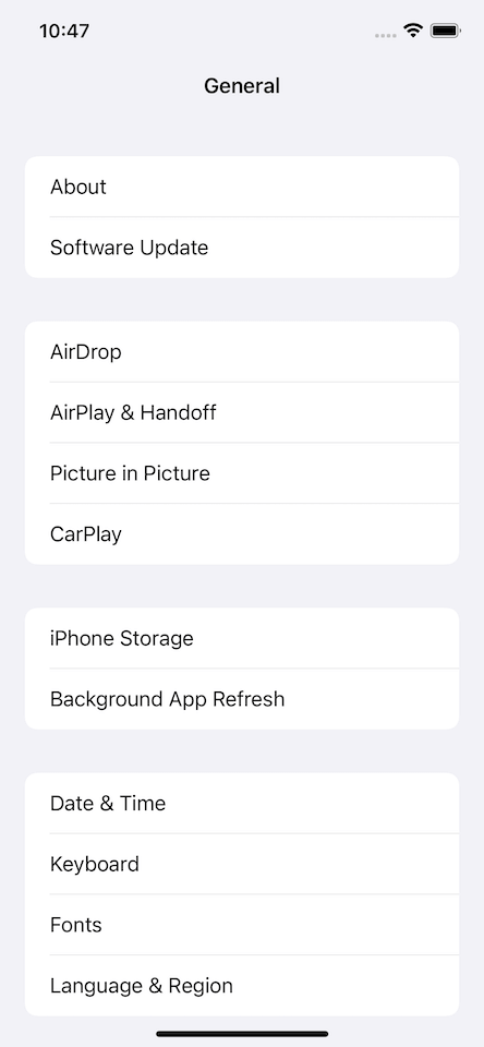 Section for inset grouped list style.