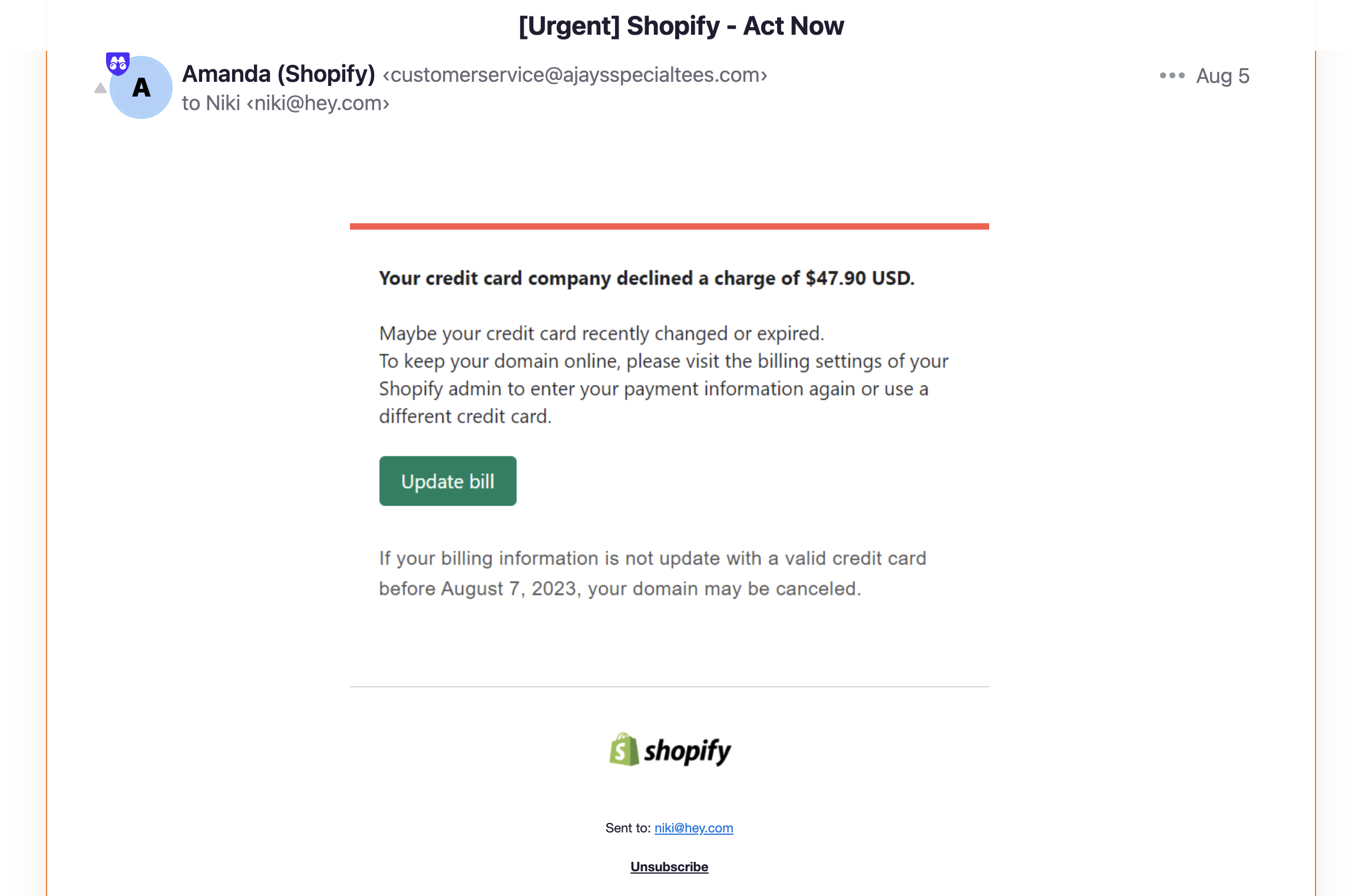 Scam phising Shopify email – first example