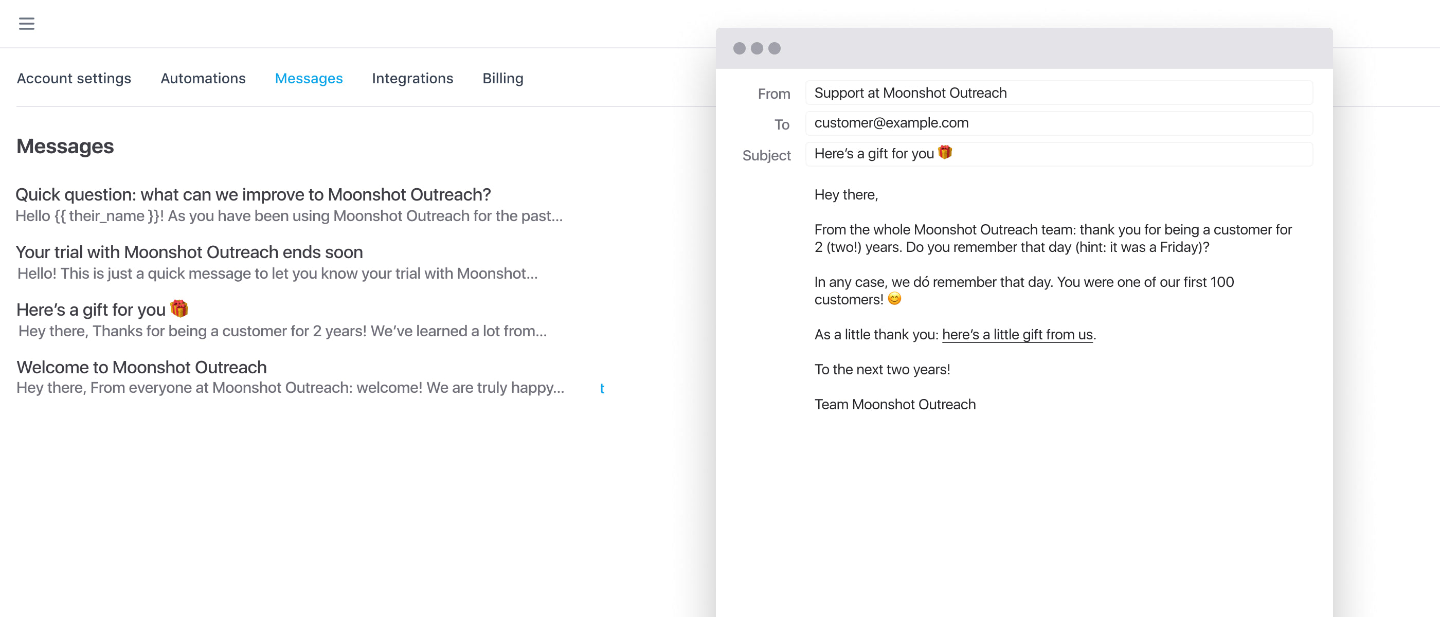 preview of the Seos dashboard showing a list of messages and a preview of one of the messages in a email client
