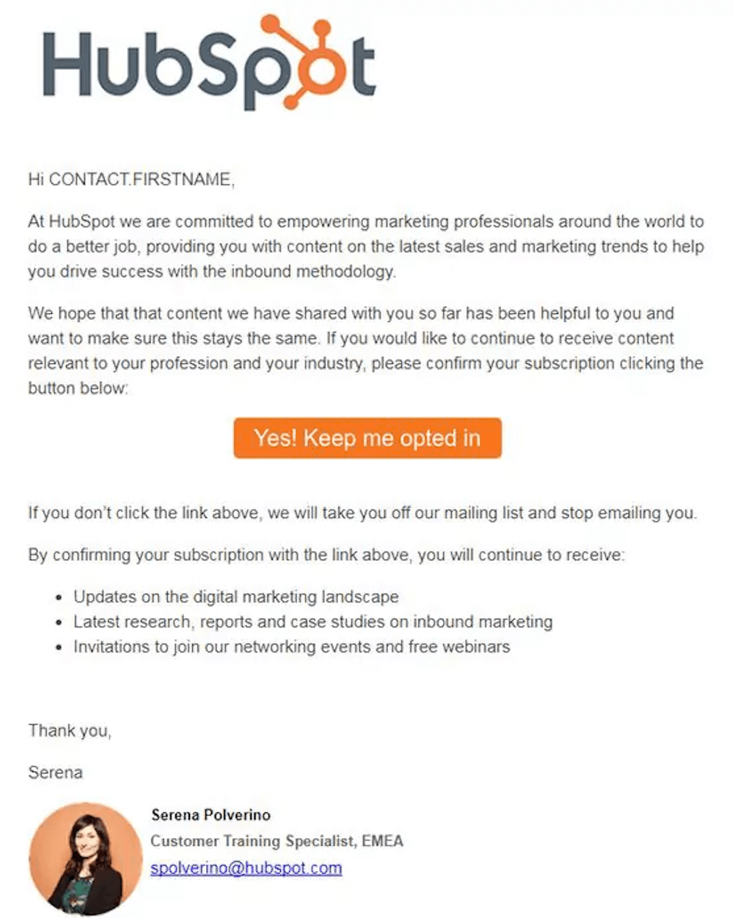 SaaS Re-engagement Emails: Screenshot of HubSpot's email