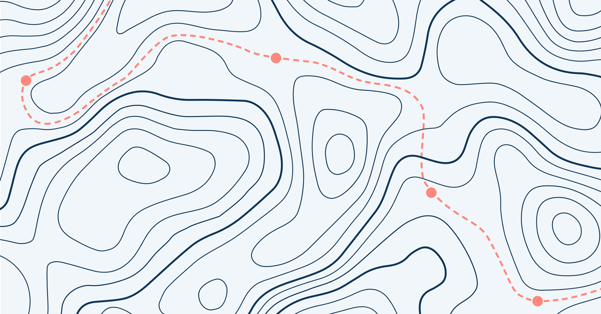 An abstracted topographical map with a dotted red line making its way through a path.