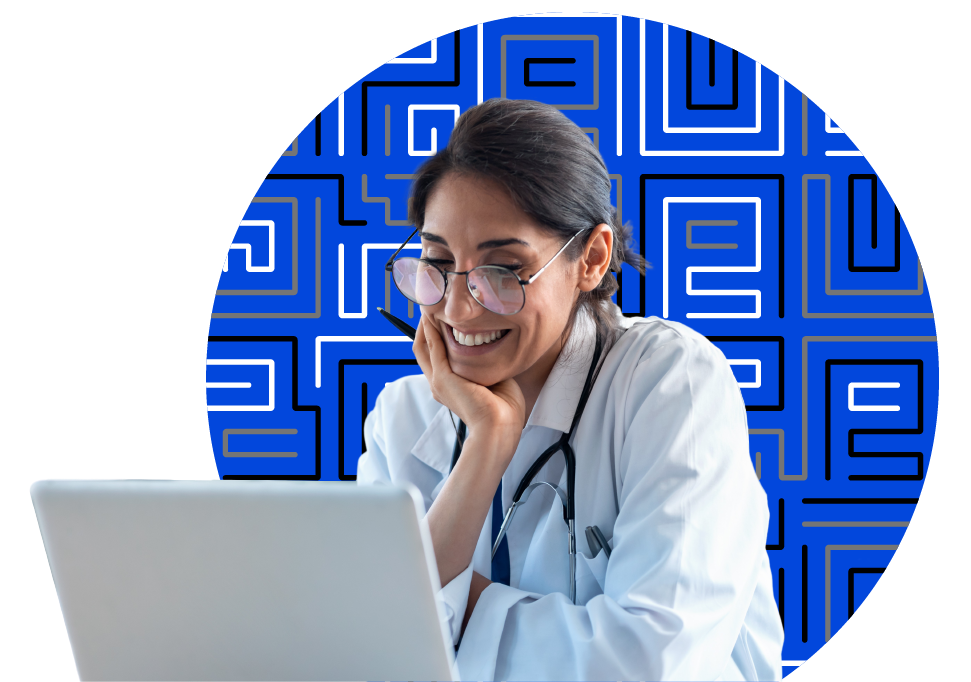 medical professional on laptop with a paubox-branded background pattern