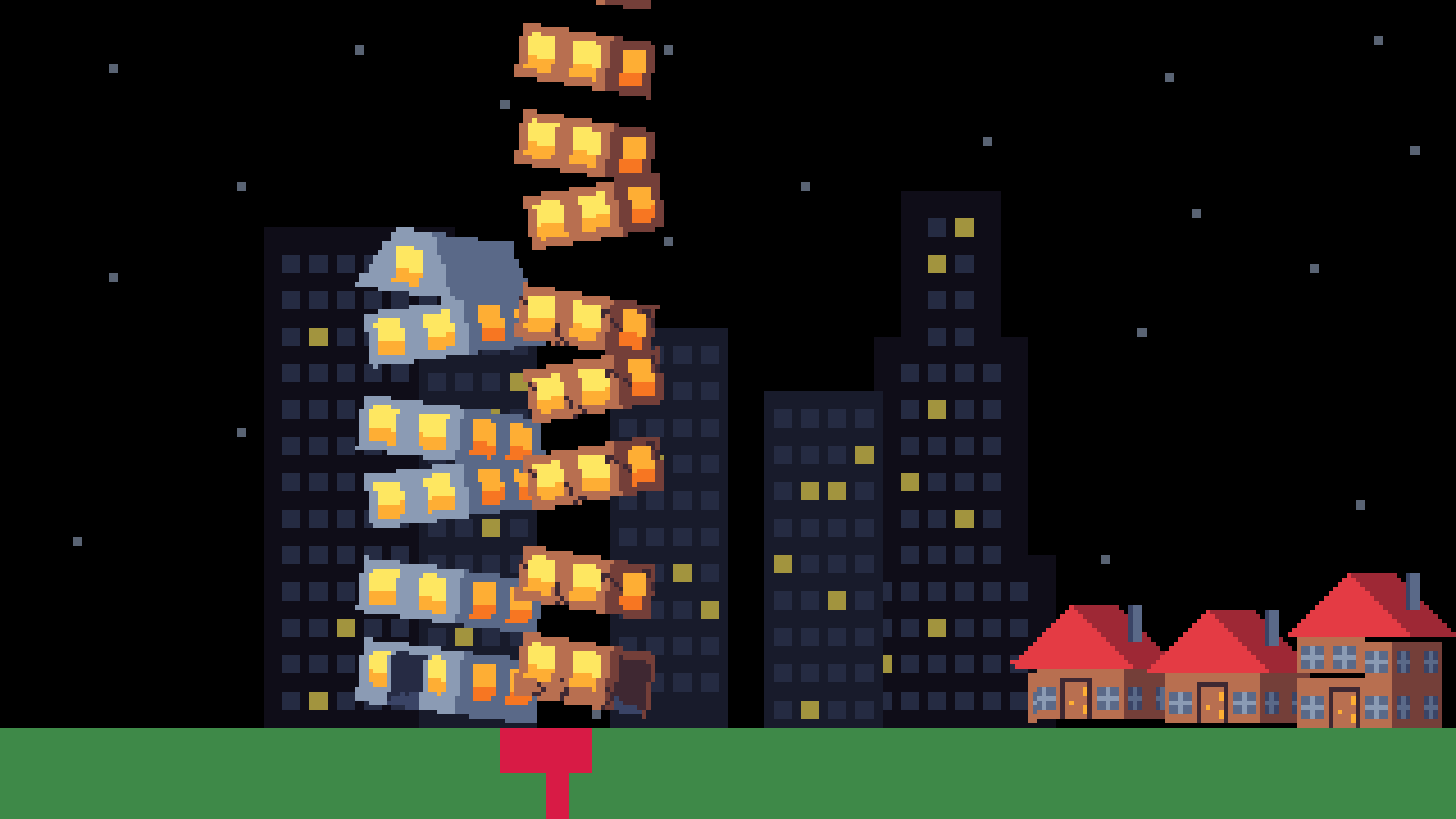 Pixel art of buildings against a night sky.