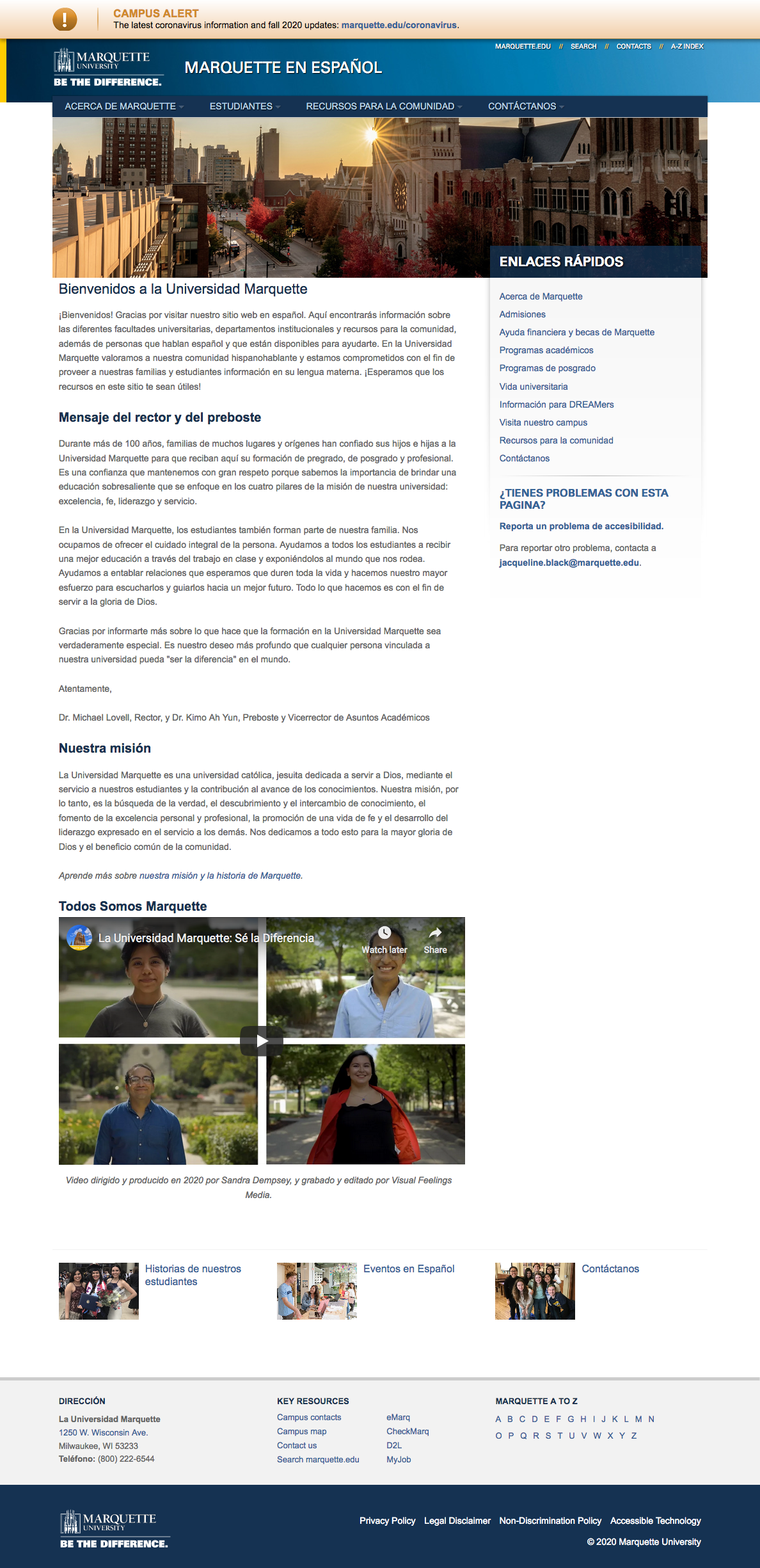 Screenshot of Marquette en Español homepage.