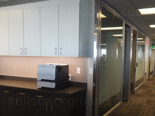 Intimate office workspace with glass walls along hallway and white storage cupboards above computer printer Zoom background