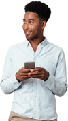 A man in a shirt holding a smart phone and looking to
        his right