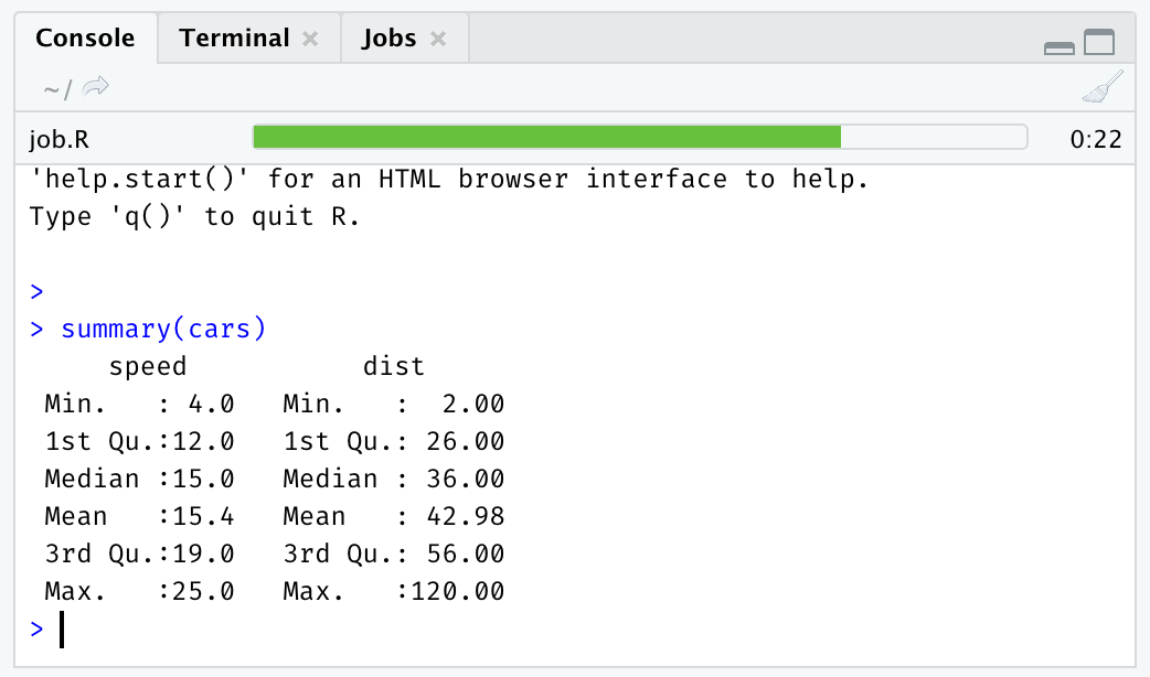 R console pane showing job progress tab