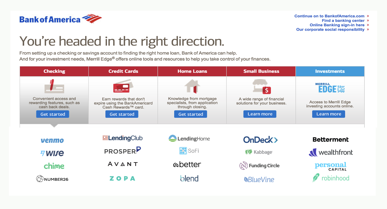 Unbunding financial services Bank of America graphic with logos