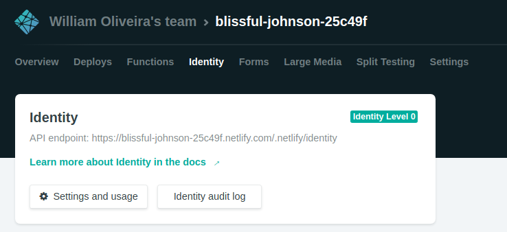 Botão de configurações do Netlify Identity
