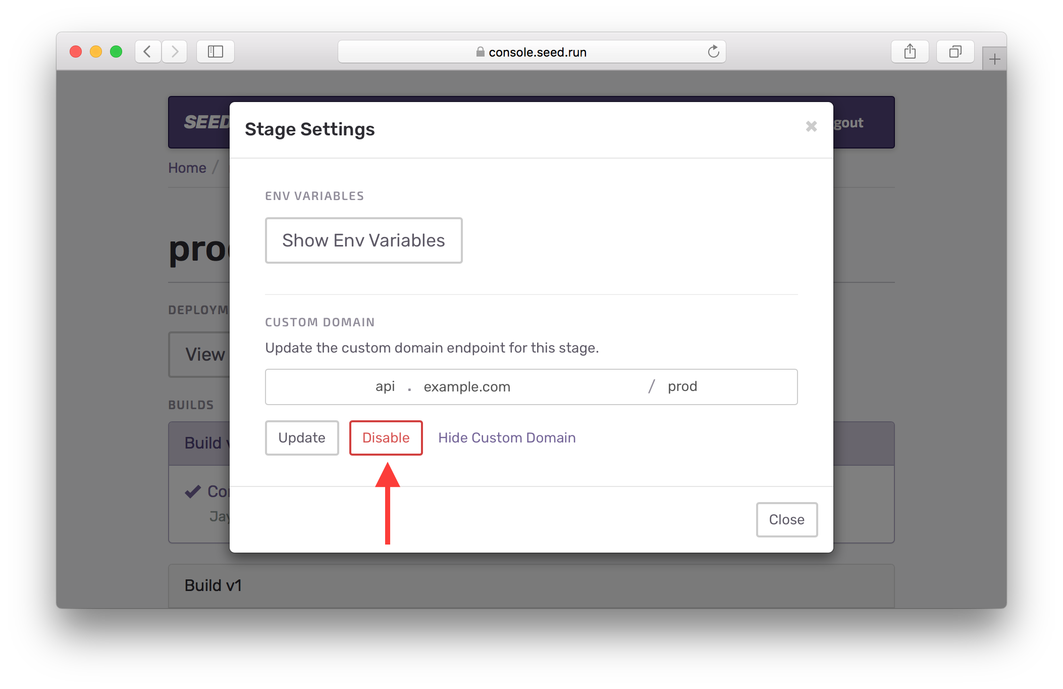 Disable Custom Domain Screenshot