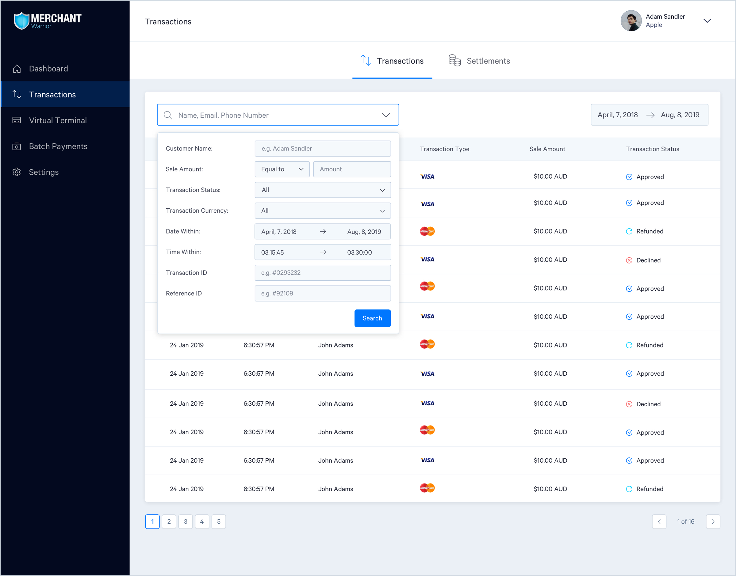 Searching through transactions page