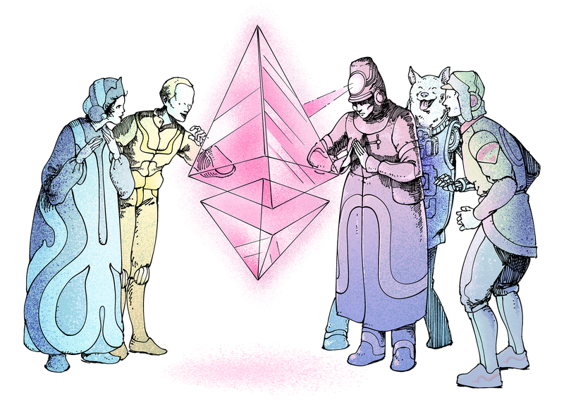 Illustration représentant un groupe de personnes émerveillées devant un glyphe d'éther (ETH)