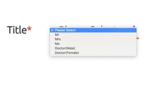 A screenshot of a form field called "Title" with a select dropdown of "Please Select", "Mr", "Mrs", "Ms", "Doctor(Male)", "Doctor(Female)"