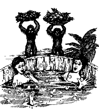 You and Dr Vivaldi are in a hot tub with food.