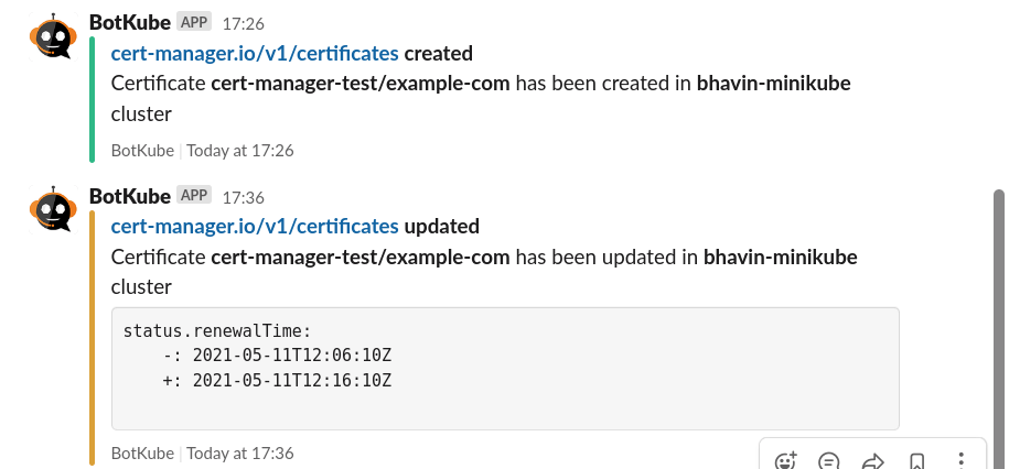 BotKube notifications for creation and update of Certificate resource