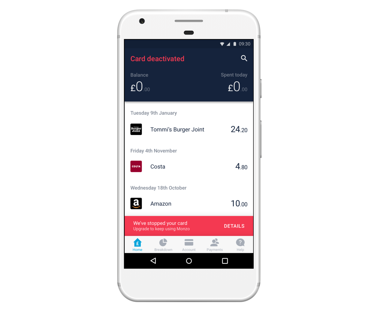 Screen showing a deactivated Monzo prepaid account