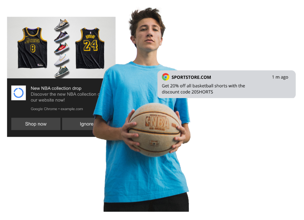  boy with basketball surrounded by basket related push notifications